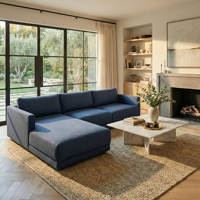 Kayden 117" Wide Sofa and Chaise, Dark Blue Linen Blend, Left Hand Facing