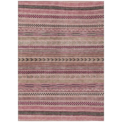 3' X 5' Pink And Taupe Striped Washable Indoor Outdoor Area Rug