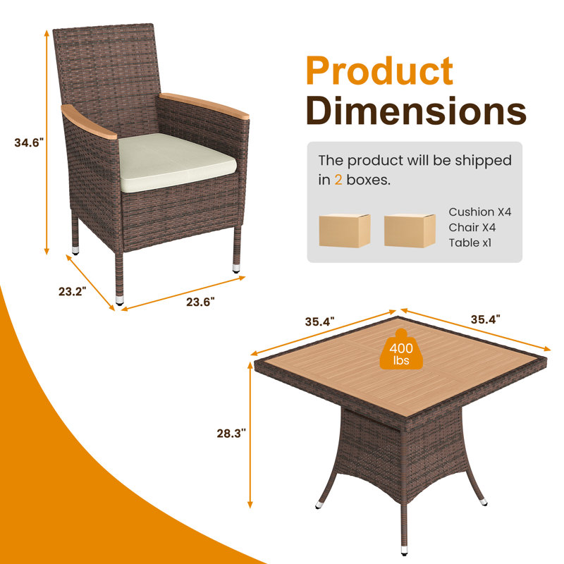 4 - Person Square Outdoor Dining Set With Cushions, Brown