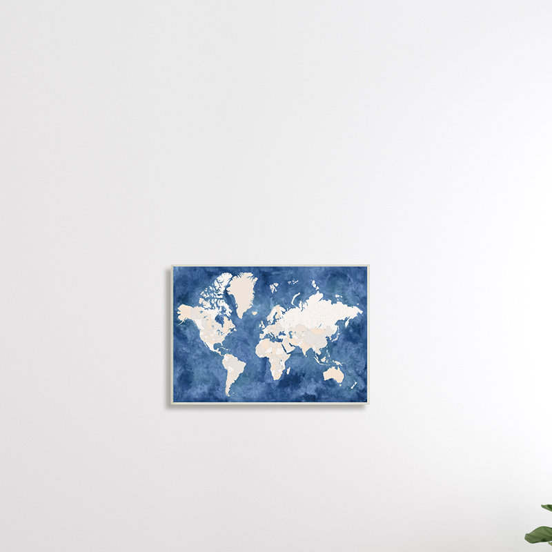 «Country Border World Map Deep Blue Ocean», impression, H 24 po x l 30 po x 1,5 po, Giclée encadrée noir minuit