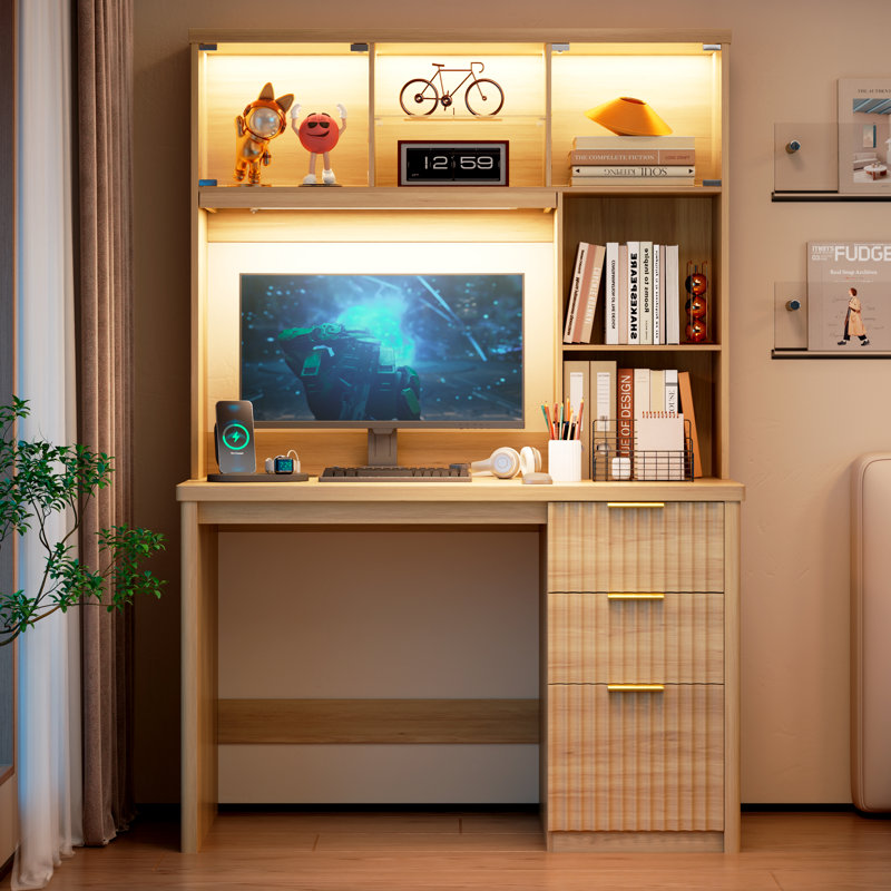 Computer Desk with Power Outlet and Tri-Color Light, Home Office Desk with File Drawer, Oak