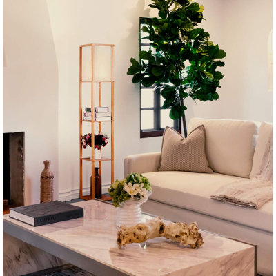 Modern Wood Corner Floor Lamp With Shelves, LED Bulb, Smart Home Compatible