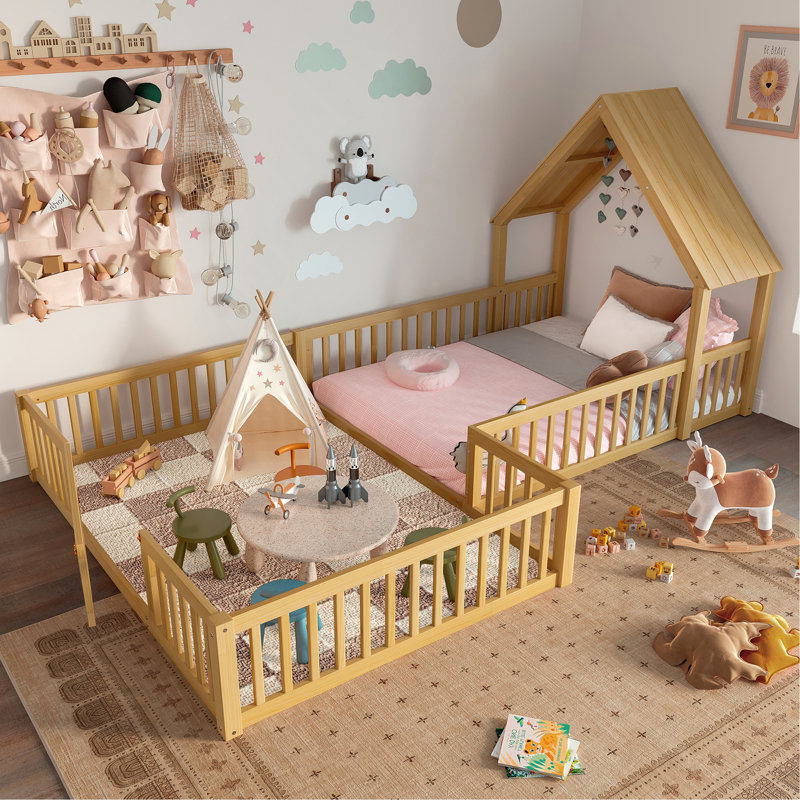 Lit maison, lit double avec porte et garde-corps pleine longueur, conception multifonctionnelle, Lit double, Naturel