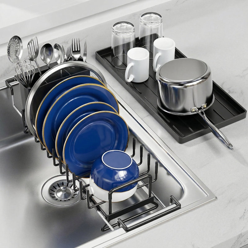 Dish Drying Rack - Expandable Small Dish Rack Over Sinks With Silicone Drying Tray, Dish Drainer For Kitchen Counter With Cutlery Holder, Drying Rack Fit For 14’’-19’’ Kitchen Sink