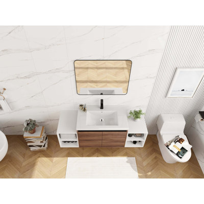 Wall Mounted Bathroom Vanity with Resin Sink and Dual Storage Shelves