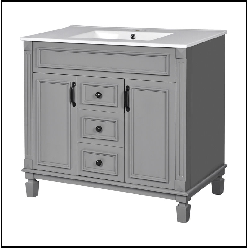 Meuble-lavabo 36 po avec lavabo supérieur, armoire de rangement moderne avec 2 portes à fermeture douce et 2 tiroirs, meuble-lavabo simple