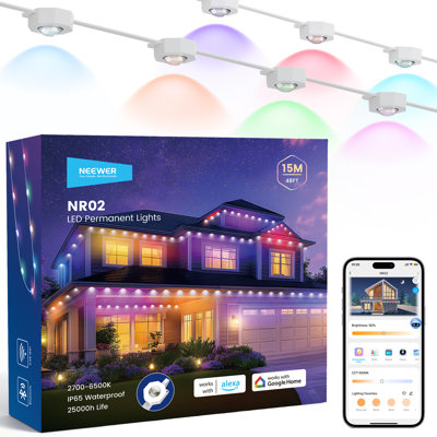 Éclairage extérieur de Noël de 48 pi avec éclairage extérieur de Noël avec 30 lumières DEL intelligentes IP67, compatible avec Alexa, compatible avec Alexa