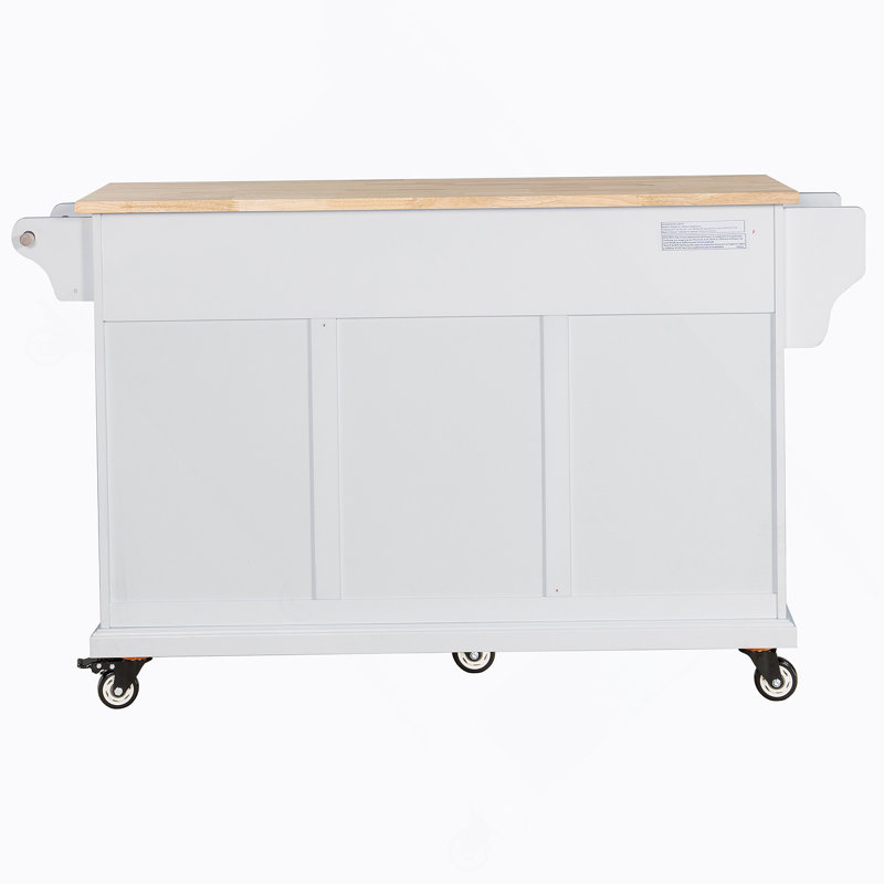 Kitchen Island With Rubber Wood Countertop, Kitchen Cart On 5 Wheels With Storage Cabinet, White
