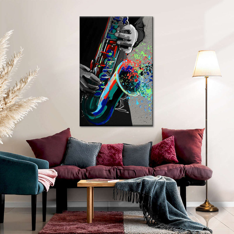 Saxophone sur toile, H 48 po x l 32 po x P 1,25 po