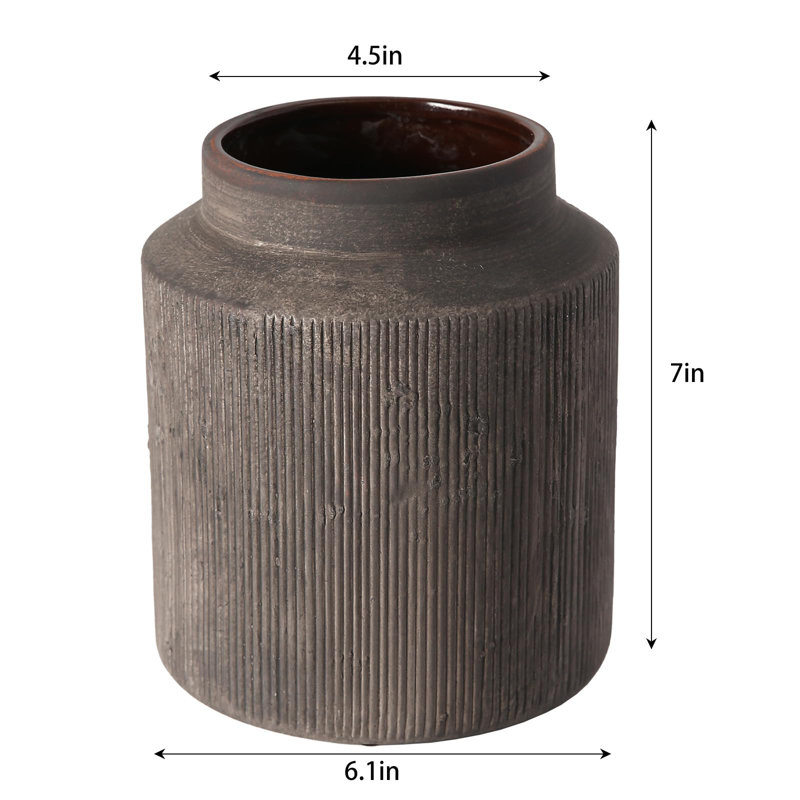 Vase en céramique nervuré de style campagnard, gris-noir, style rustique rétro, imperméable, pour les fleurs séchées et les bouquets frais, idéal pour le salon et la table à manger