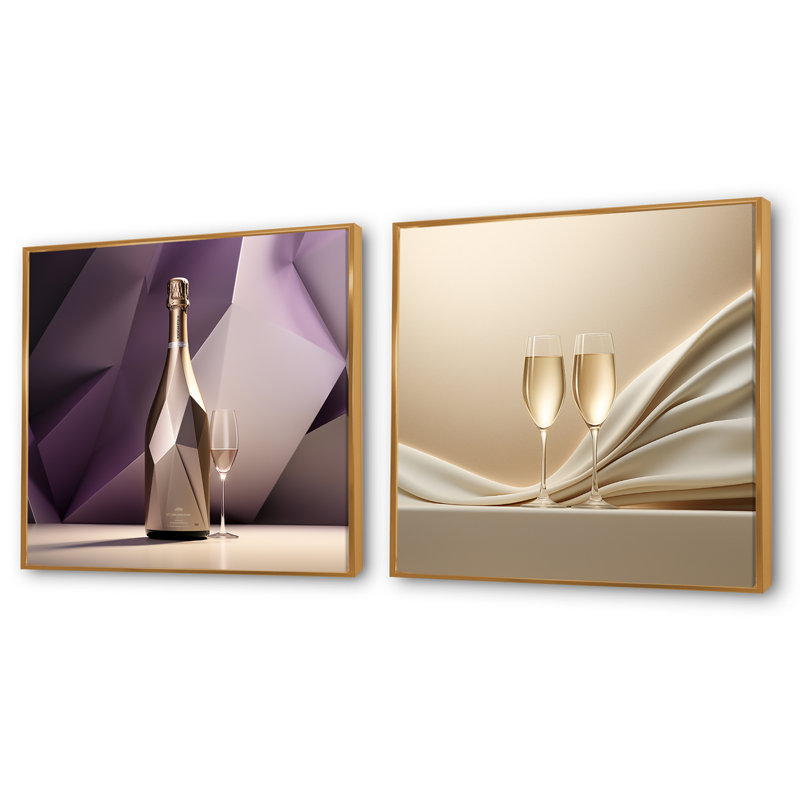 Cubes, raisin, champagne, géométrie, champagne, ensemble de collages carrés, Cadre flottant doré, H 16 po x l 33 po