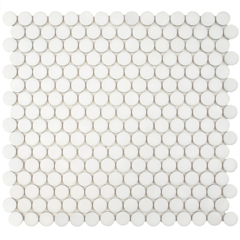 Hudson Penny Round Matte White 11-7/8" x 12-5/8" Porcelain Mosaic Floor and Wall Tile