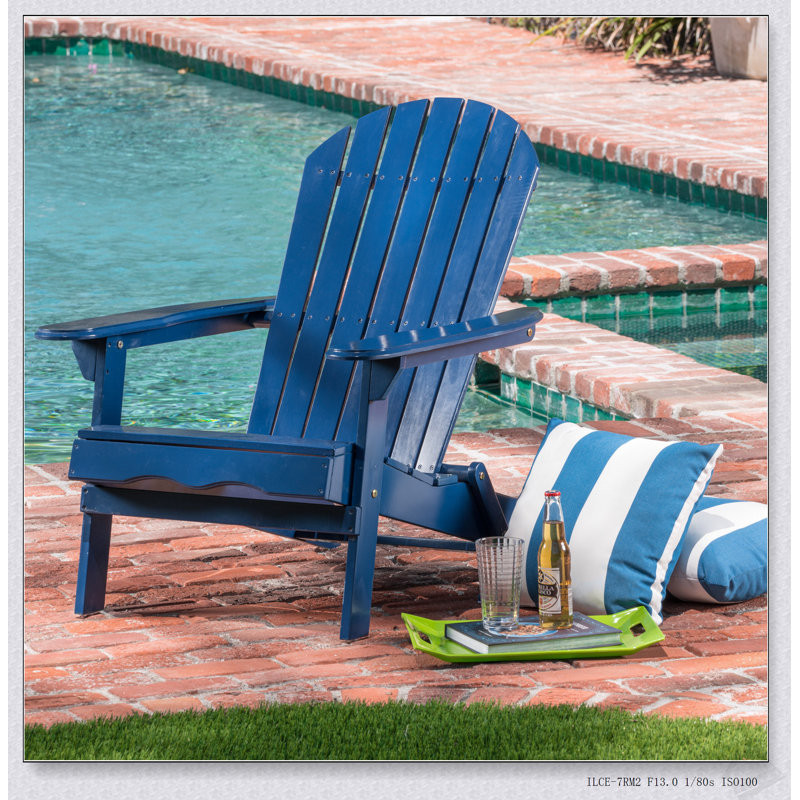 Foldable Acacia Wood Adirondack Chair – Traditional Slats, Wide Armrests, Rustic Outdoor Design, Easy Storage, Blue