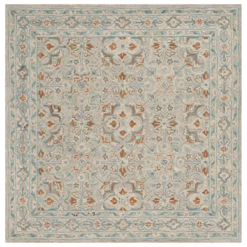 Mckinnleigh Hand Tufted Wool Cotton Oriental Rug in Green/Ivory, Square 6"
