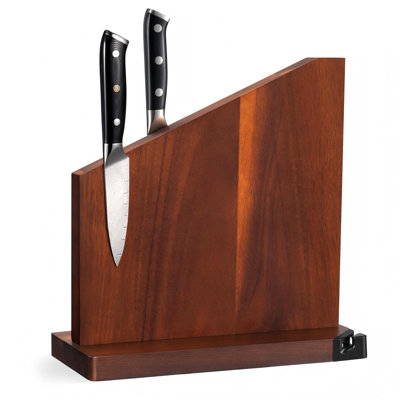 Porte-couteaux magnétique avec aiguiseur intégré, porte-couteaux magnétique sans couteaux, porte-couteaux magnétique double face solide pour l'organisation du comptoir de cuisine (bois foncé)