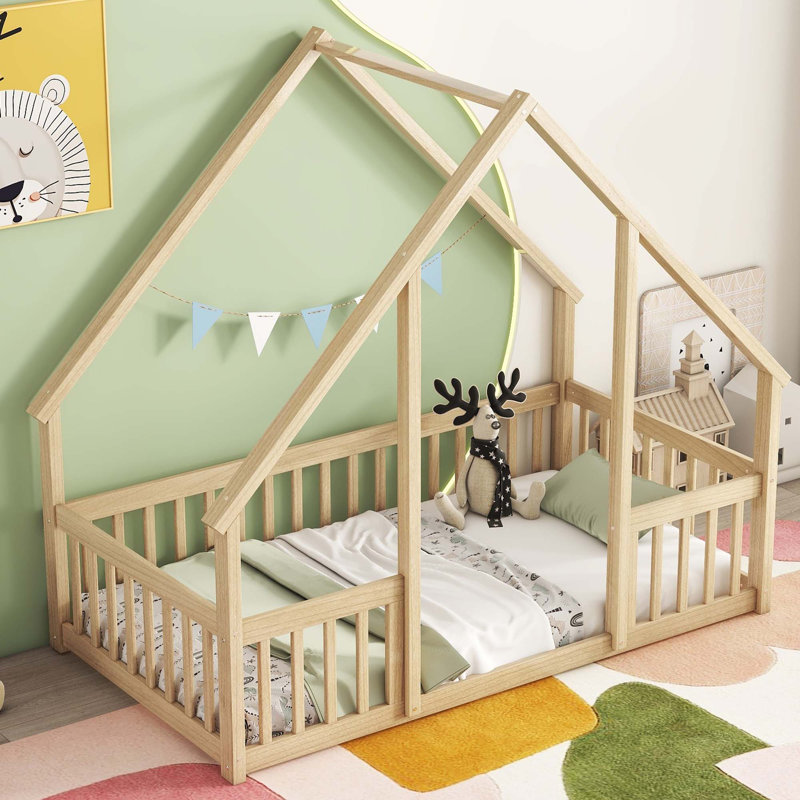 House-Shaped Floor Bed With Fence, Guardrails, Natural, Twin