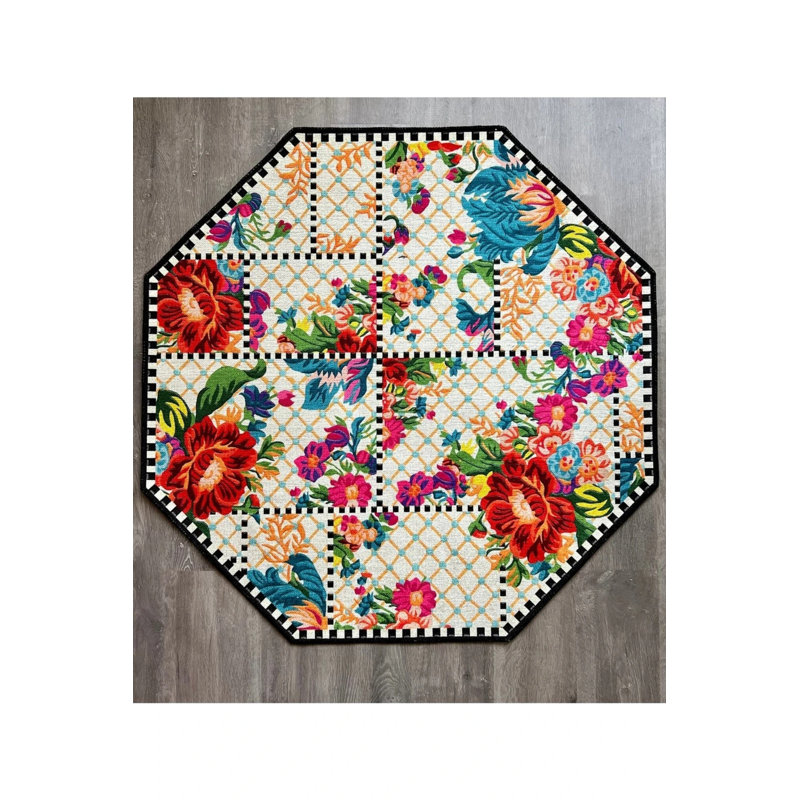 White Floral Floret Checkered Octagon Carpet, Octagon 2'8" x 2'8"