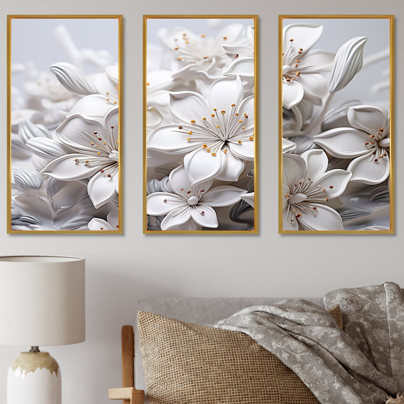 Ensemble de décorations murales parfumées Plumeria Serenade III - Plumeria, Cadre flottant doré, H 32 po x l 48 po x P 1 po