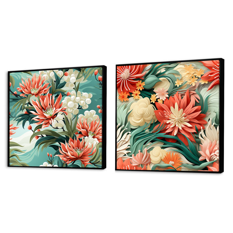 Tropical Coastal Escape - Ensemble de 2 collages carrés floraux, Cadre flottant noir, H 16 po x l 33 po