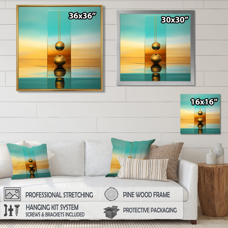 Harmonie dans un minimalisme doré - paysage abstrait, art mural, H 16 po x l 16 po x P 1 po, Cadre flottant doré