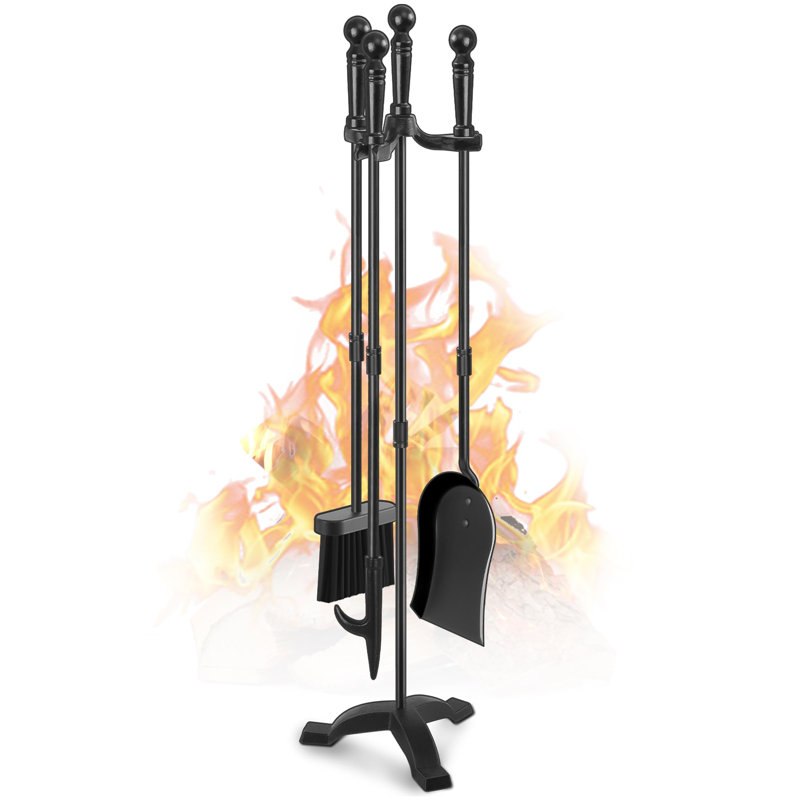 Ensemble d'outils de foyer 4 pièces 30 pouces en fer forgé noir grand ensemble d'outils comprenant un tisonnier, une pelle antique, une brosse rustique et un ensemble d'accessoires de support
