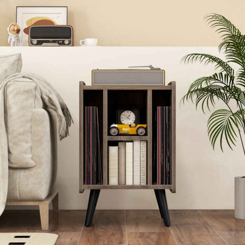 Record Storage Turntable Stand With 4 Open Shelves, Gray