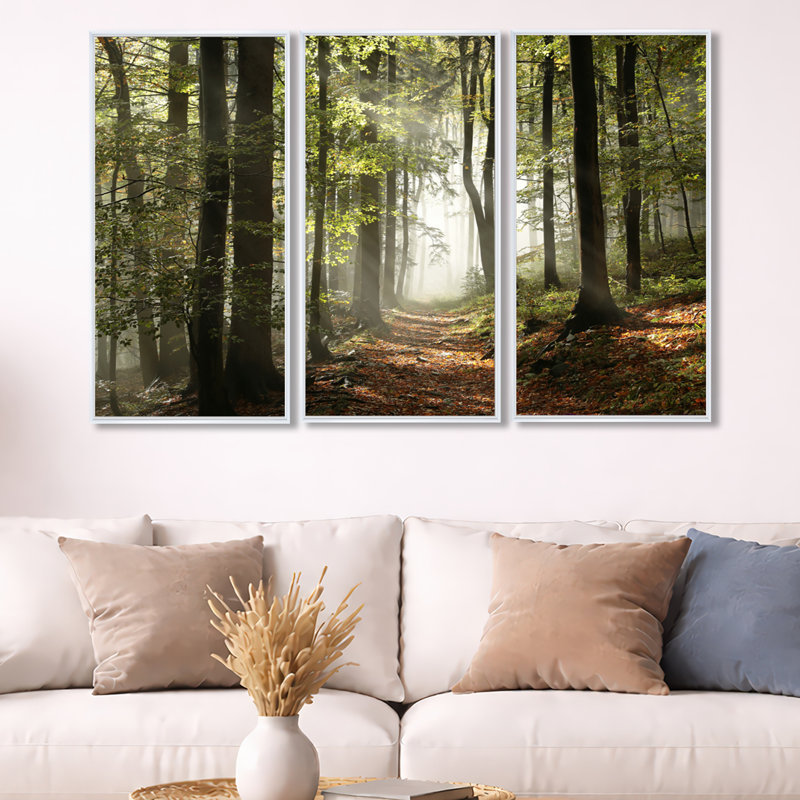 Forêt d'automne verte avec rayons de soleil - ensemble d'art mural sur toile encadré paysage, H 20 po x l 36 po x P 1 po