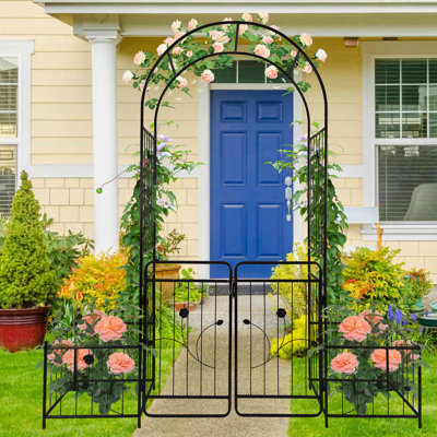 86" Garden Arch Arbor With Gate And Planter Baskets  for Climbing Vines, Wedding Ceremony Decoration