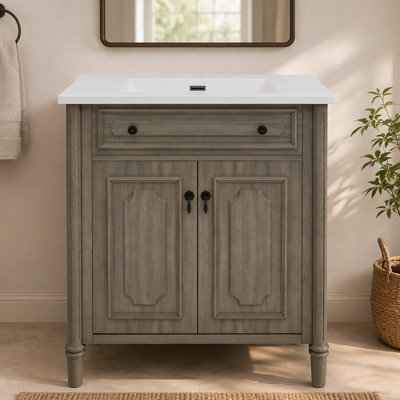 Meuble-lavabo de salle de bain rétro 30 po avec lavabo, armoire de salle de bain rustique avec portes à fermeture en douceur et tablette réglable, conception à profil courbé, pieds en bois d'hévéa, gris