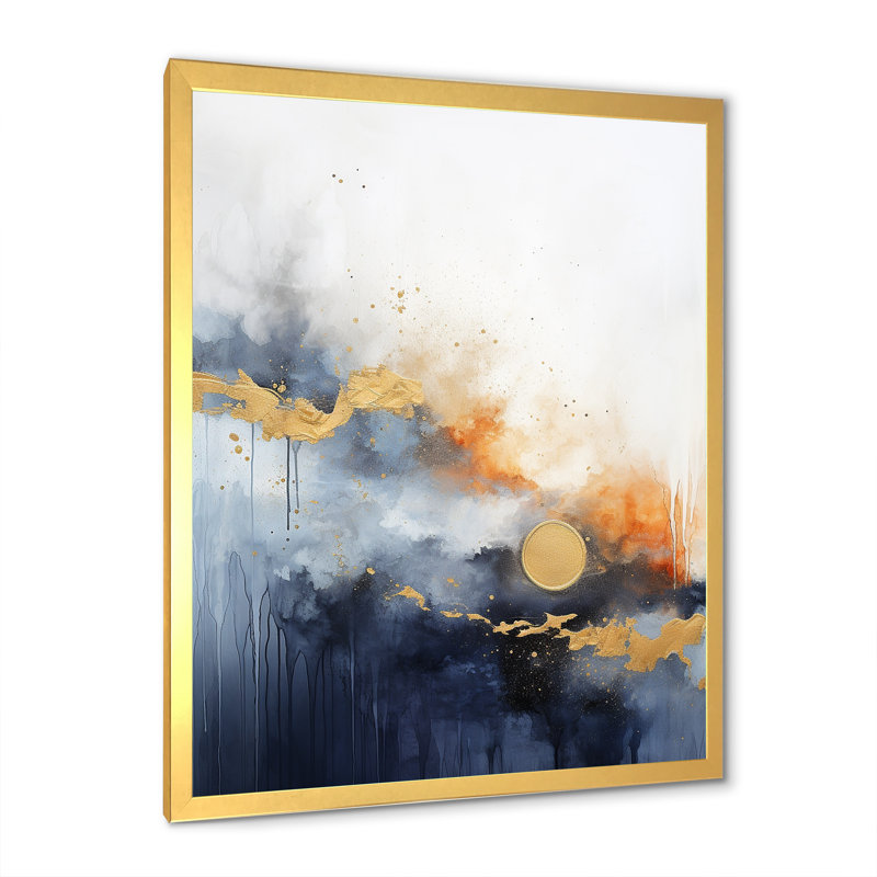 Bleu et jaune, harmonie fluide I, art mural abstrait, Cadre doré simple, H 32 po x l 24 po x P 1 po