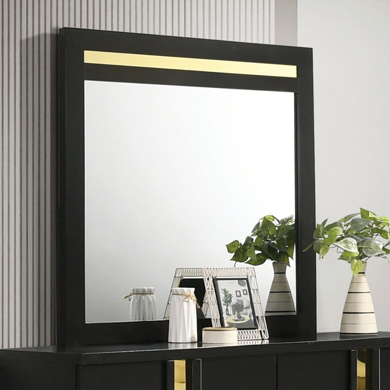 Commode 6 tiroirs avec miroir Riegel, Noir et or