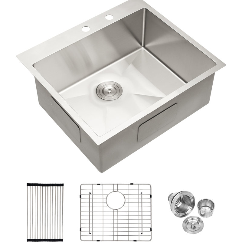 Lavabo encastré en acier inoxydable 25 po, matériau de calibre 16, rembourrage insonorisé, bol simple avec drainage optimal, fabrication de haute qualité, insonorisant, grand