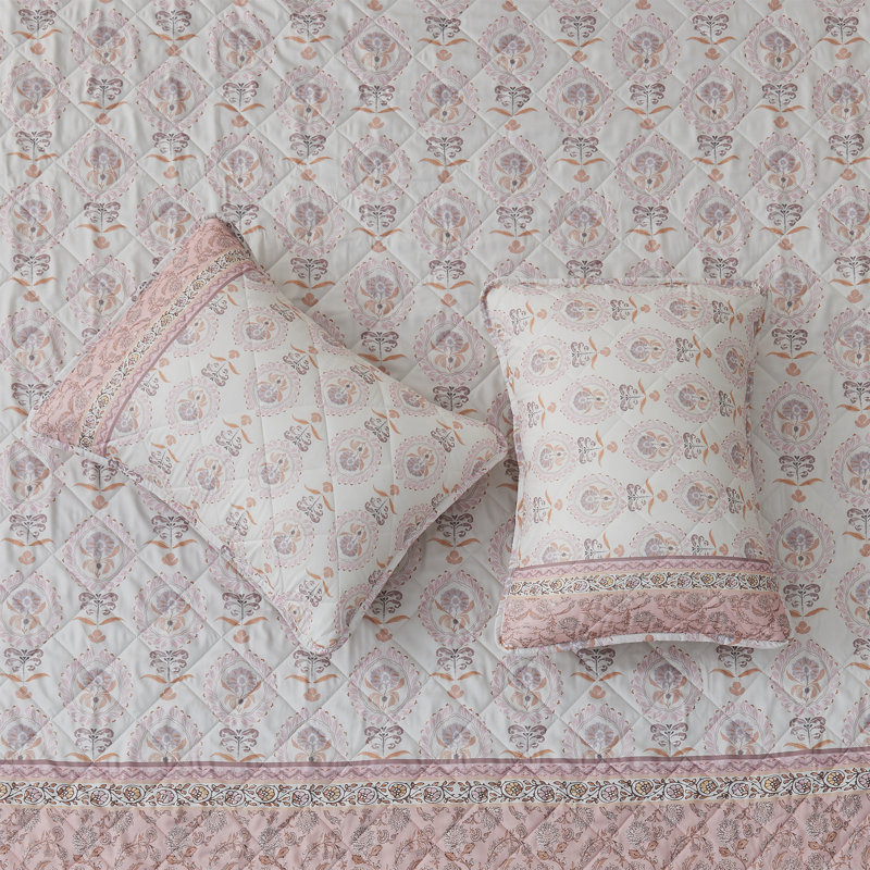 Ensemble de courtepointe à bordure Boho, Courtepointe double/grand et 2 taies décoratives, Rose