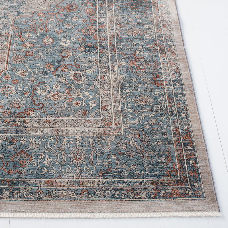 Tapis oriental bleu / rouille, Rectangle 9 pi 8 po x 13 pi