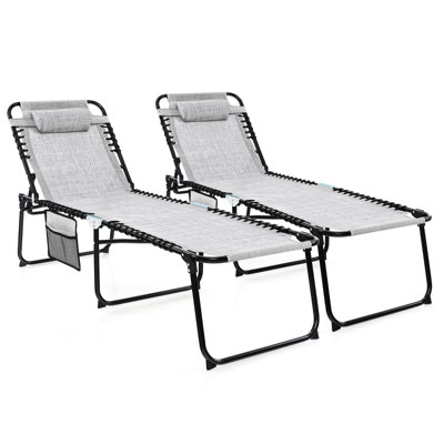 2 PCS Patio Folding Chaise Lounge Portable Lay Flat Reclining Chair w/ 4-Level Backrest Side Pocket by Arlmont & Co.