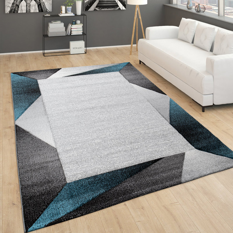 Tapis à bordure avec motif géométrique gris turquoise et découpe de contour, Rectangle 7 pi 10 po x 10 pi 10 po