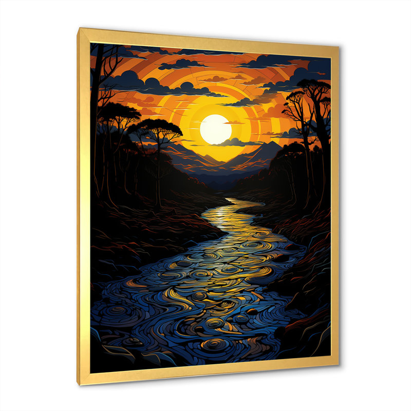 Coucher de soleil africain sur la rivière Jungle 2 - Art mural jungle, Cadre photo doré, H 32 po x l 16 po x P 1 po