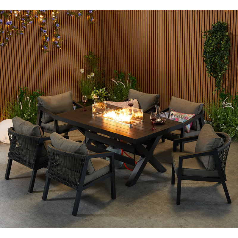 Dinig Table With 6 Armchairs, 7 Pcs: Firepit Table, 6 Chairs
