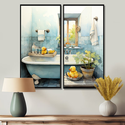 «Yellow Duck Bathroom Dip II», reproductions d'art sur toile bleues, 2 pièces