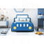 Lit plateforme simple en forme de voiture de course avec roues, bleu