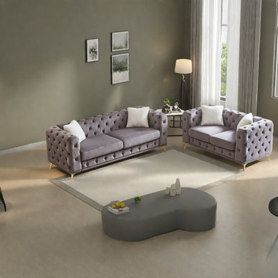 Compression Sofas Set, Grey Velvet 3 And 2 Seater Modern Home Couch
