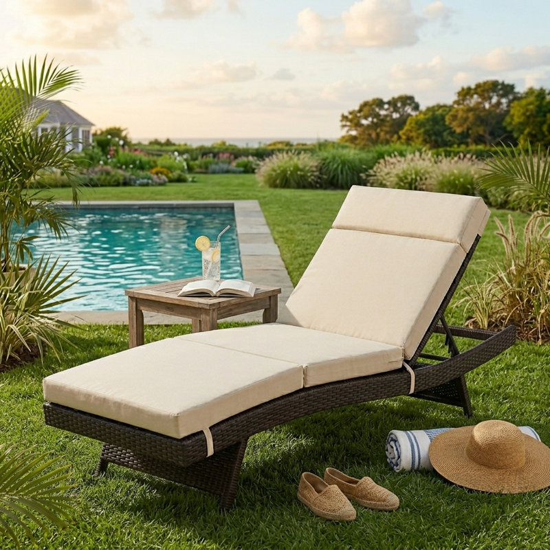 77'' Long Water-resistant Outdoor Chaise Lounge Cushion With Integrated Headrest, Beige