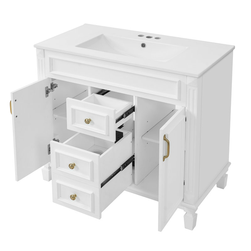 Meuble-lavabo simple 36 po en bois massif avec lavabo, 2 prises de courant, 1 port USB et 1 port Tybe C, White
