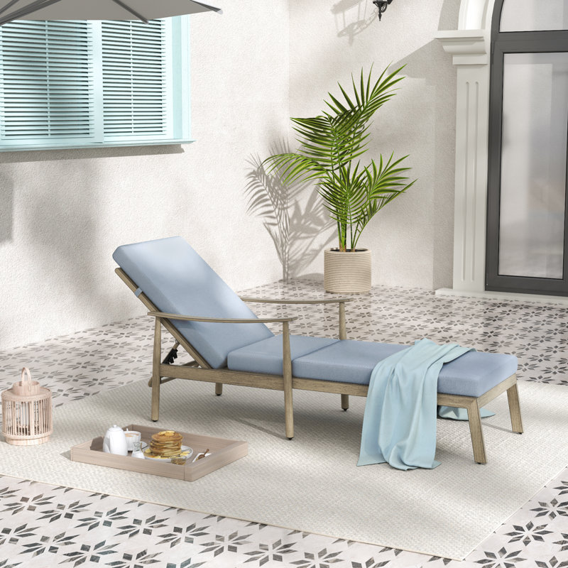 Chaise longue de patio en aluminium 1 pièce Marijela avec dossier et coussins de sangles, Coussin bleu / cadre brun clair