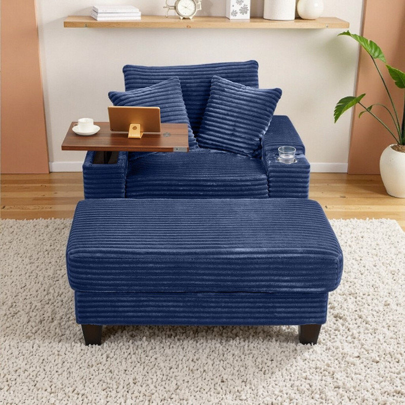 Canapé 74 po multifonctionnel avec repose-pieds Bluetooth et table USB, Bleu