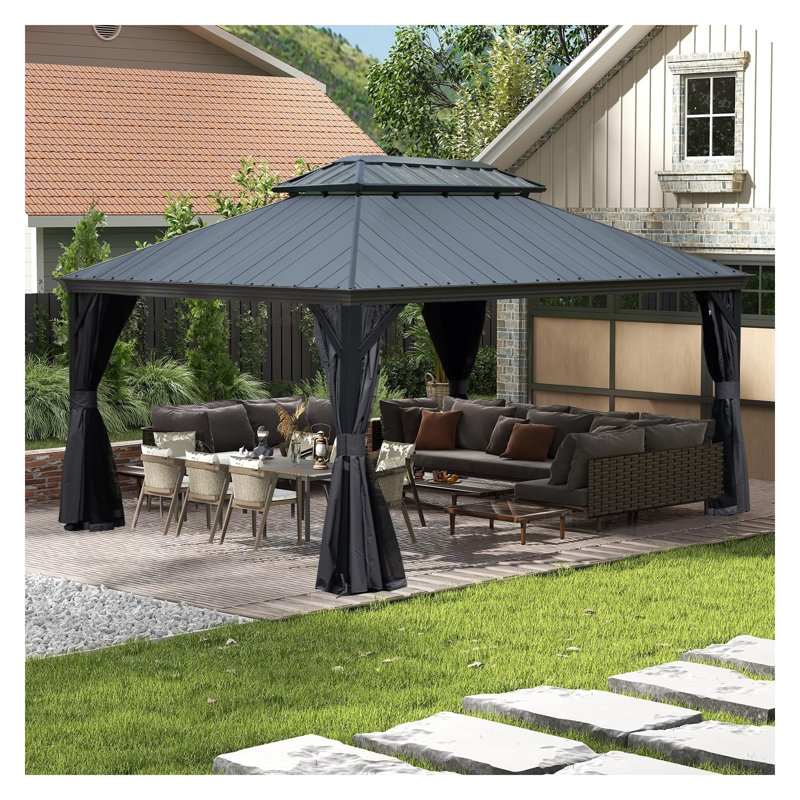 12'x14' Hardtop Gazebo with Resin & Steel Double Roof, Heavy Duty Permanent Outdoor Pavilion with Drainage Gutters, Privacy Curtains & Mosquito Netting for Patio, Backyard & Hot Tub