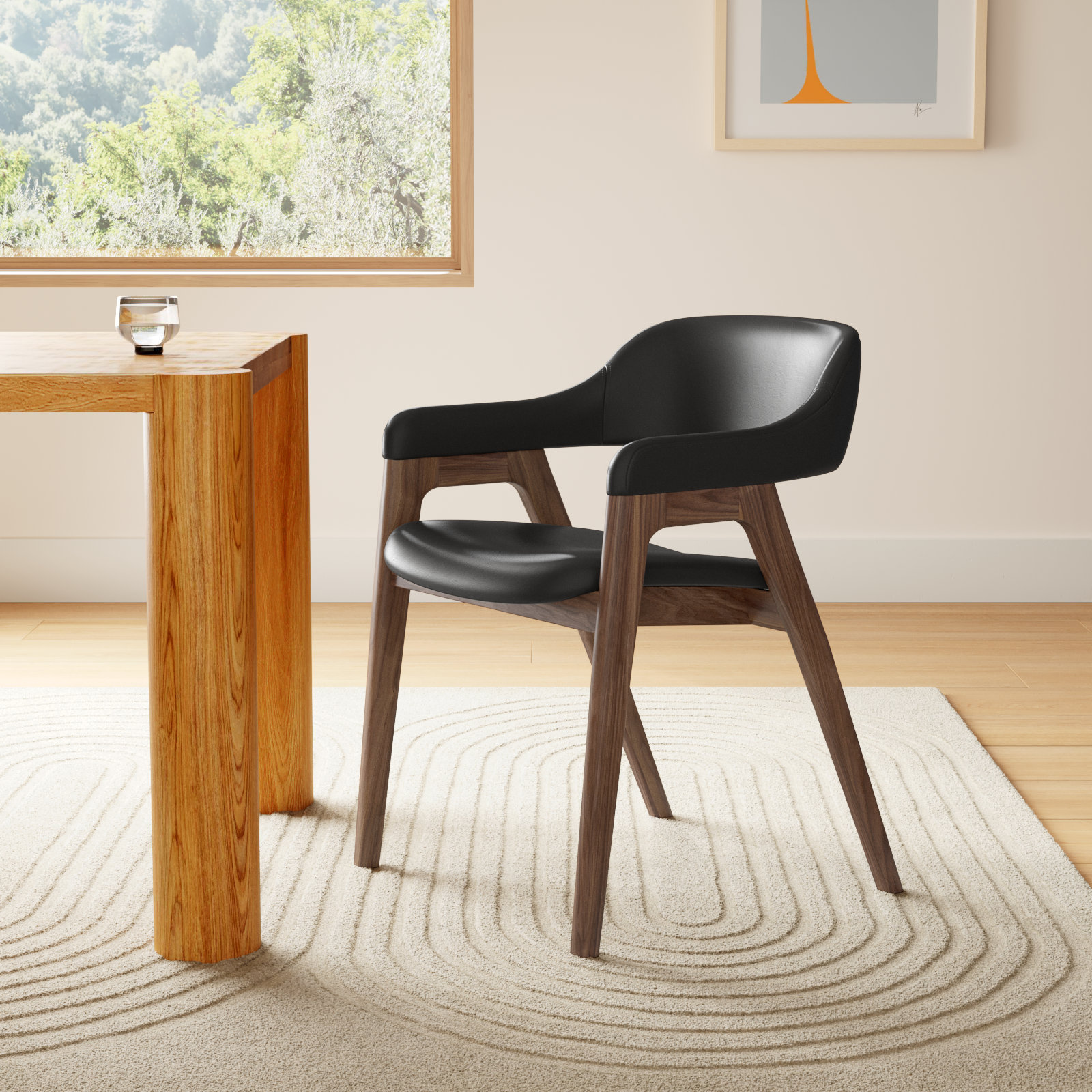 Genuine Leather Dining Armchair, Black / Oak