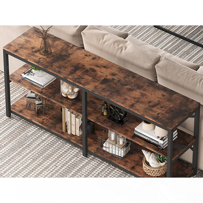 70.9" Extra Long Console Table With Storage Shelves, 3-Tier Industrial Sofa Table Behind Couch, Modern Entryway Table With X-Frame Metal Design, Narrow Hallway Bookshelf For Living Room, Rustic Brown