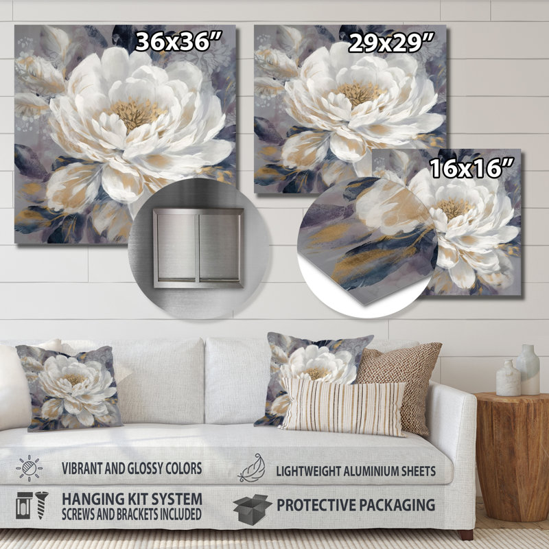 Gonzella Emotion Of White Gold Peony Flower I sur impression métallique, H 29 po x l 29 po x P 1 po