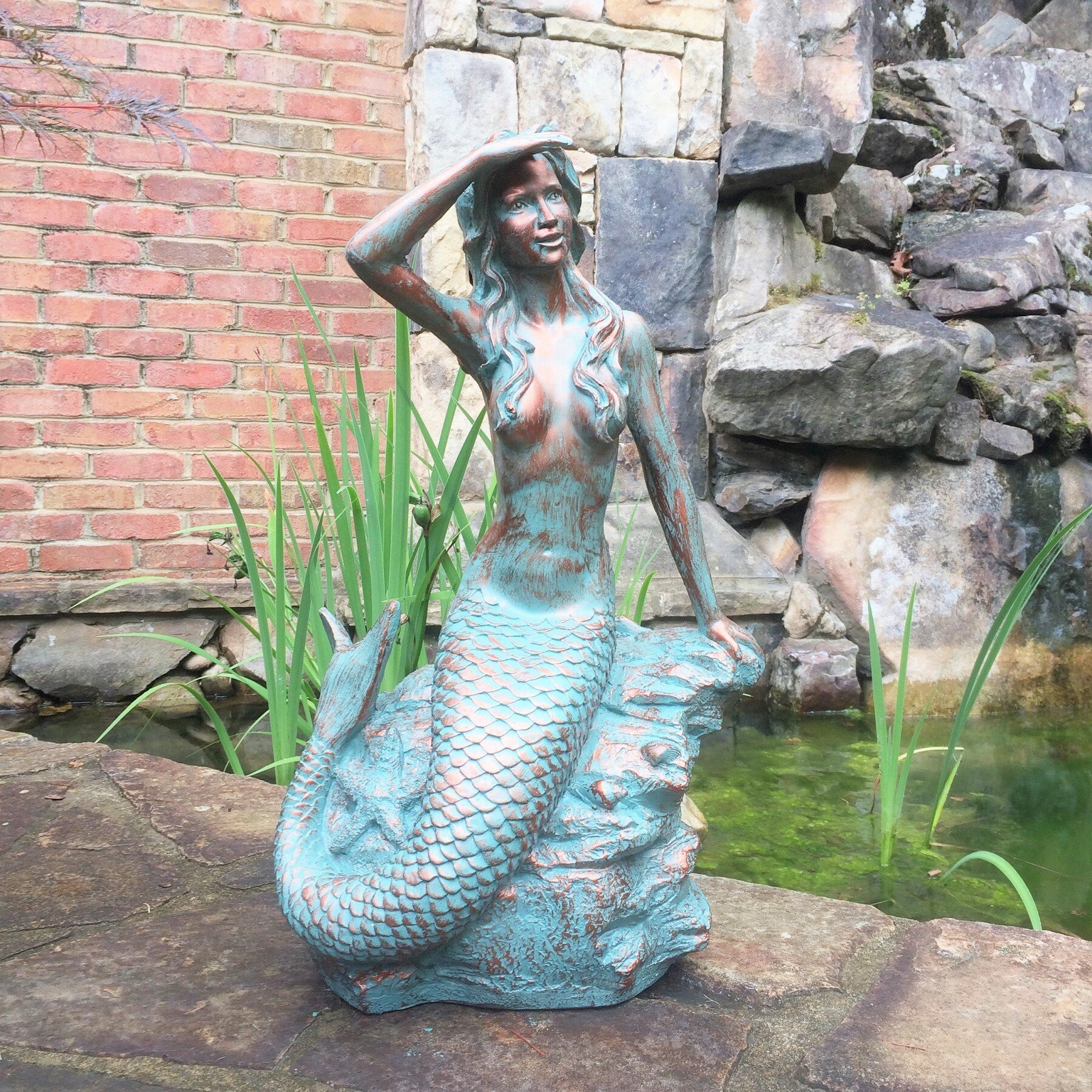 Homestyles 30 in. Classic Mermaid Bronze Patina Sitting On Coastal Rock Beach Collectible Statue